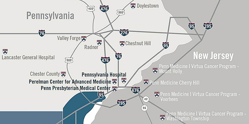 map of network in southeast Pennslyvania and southwest New Jersey areas with locations listed in content below